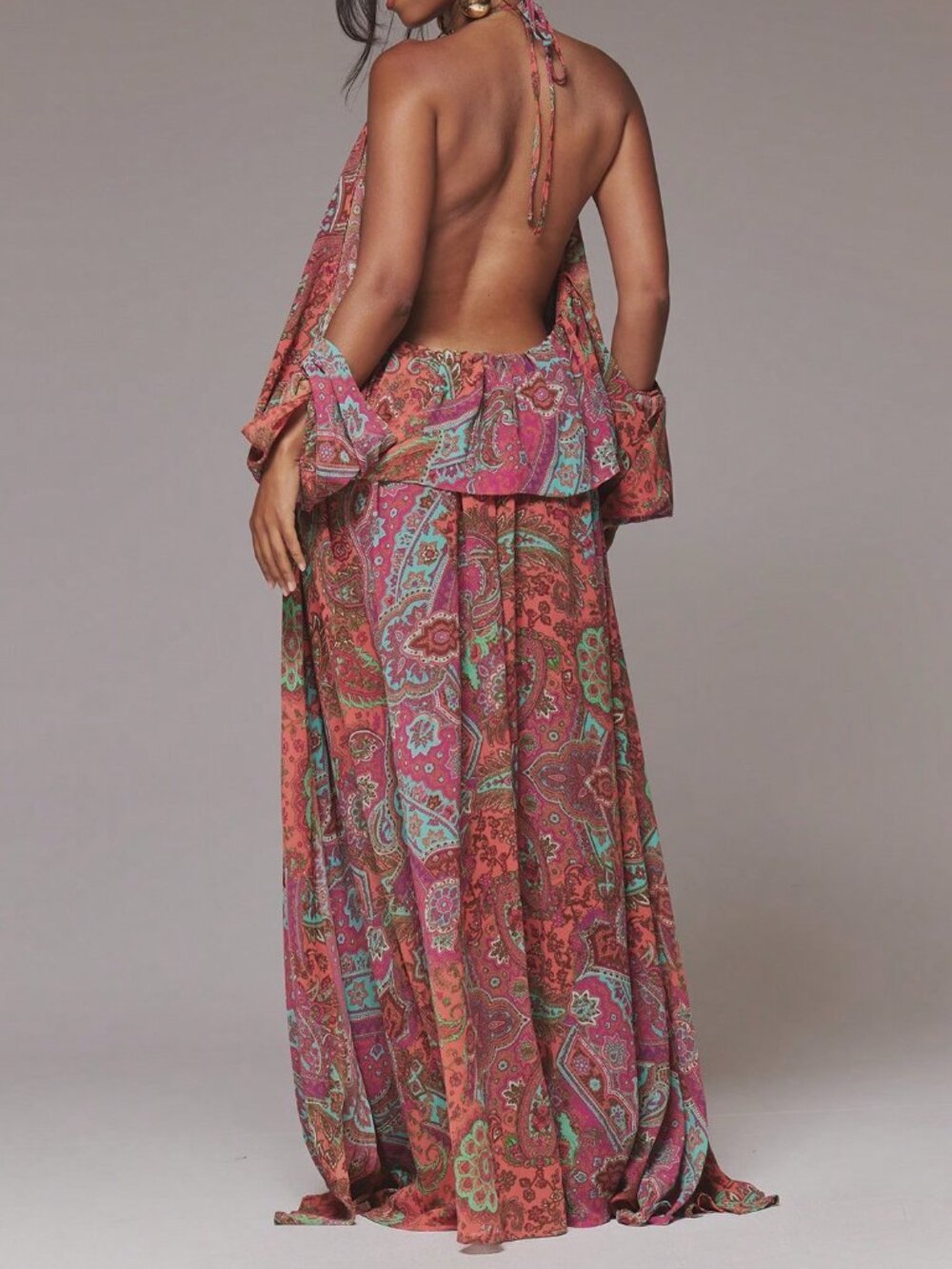 Orange Boho Women's Paisley Pleated High Neck Long Sleeve Maxi Dress - Picture 2 of 6